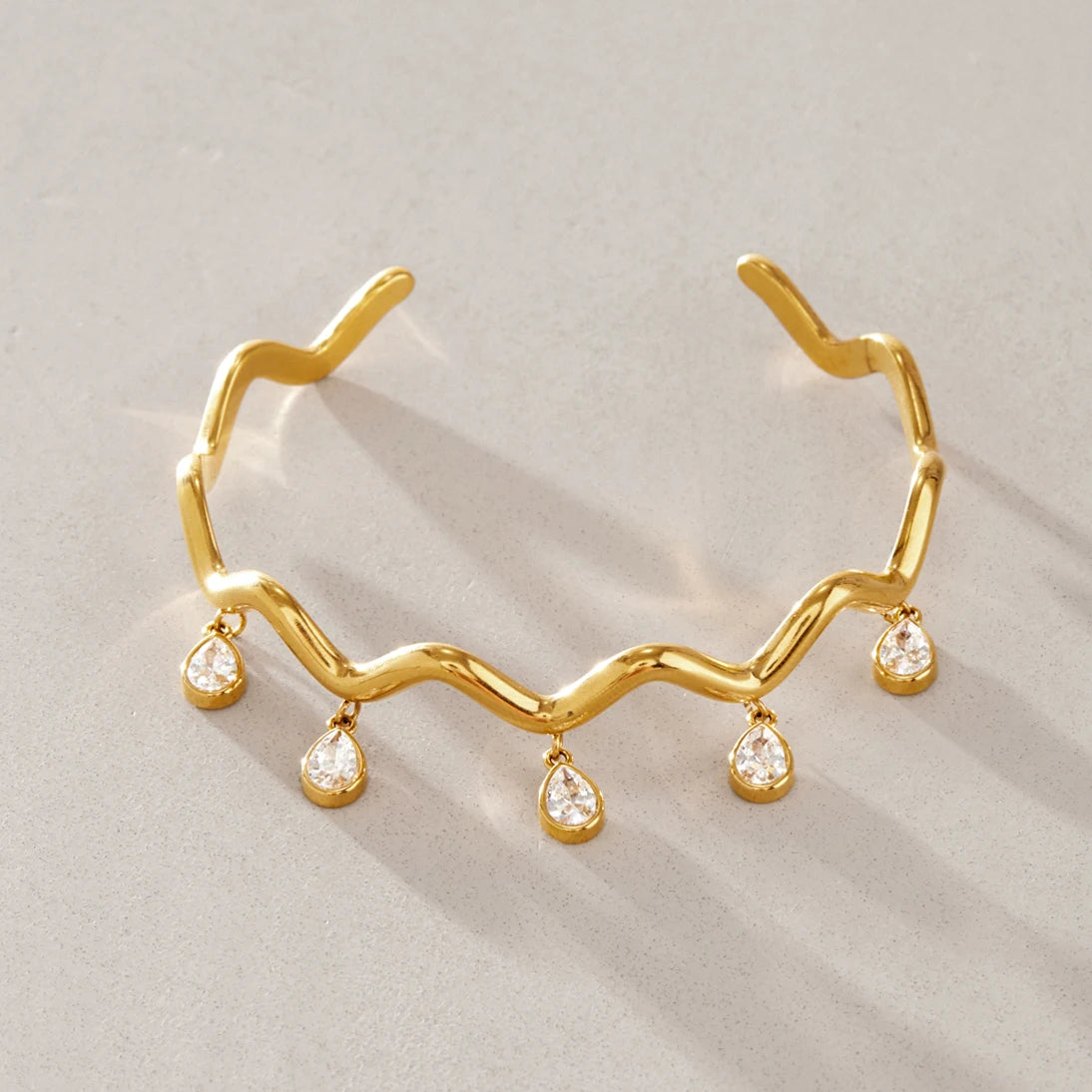 KIKA Water Drop Zircon Wave Shape Cuff Bracelet PVD 18K Gold Plated Stainless Steel 316L