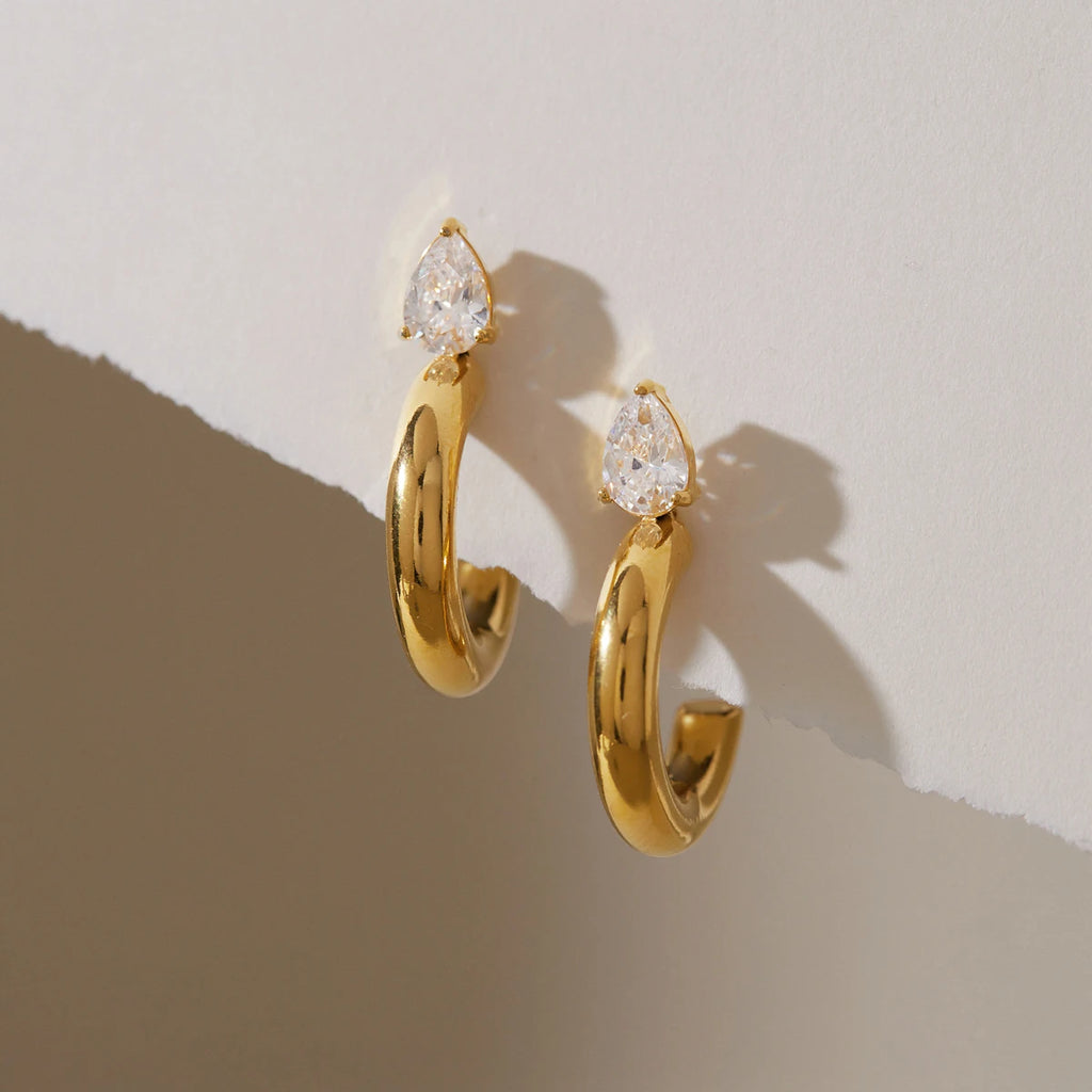 KIKA Water Drop Zircon C Shape Stud EarringsGold PVD Plated Stainless Steel316L