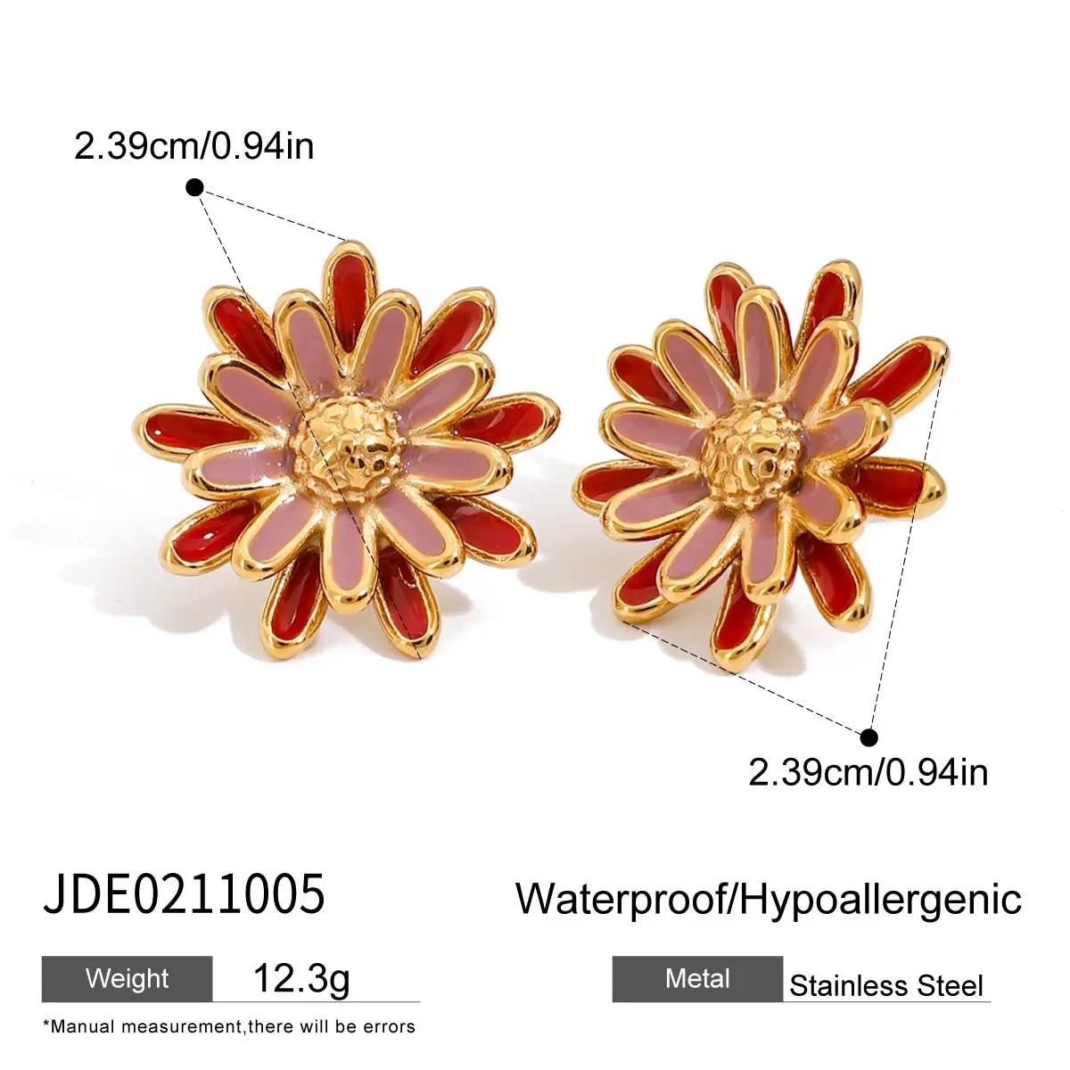 KIKA Vintage Square Red Double Color Drip Oil Ears Studs18K PVD Stainless Steel 316L Gold Color Irregular Drip Oil