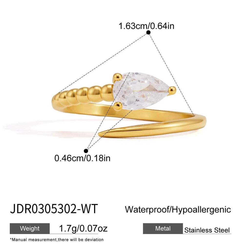 KIKA Water Drop Zircon Snake Shape Open Rings 18K Gold PVD Plated Stainless Steel 316L