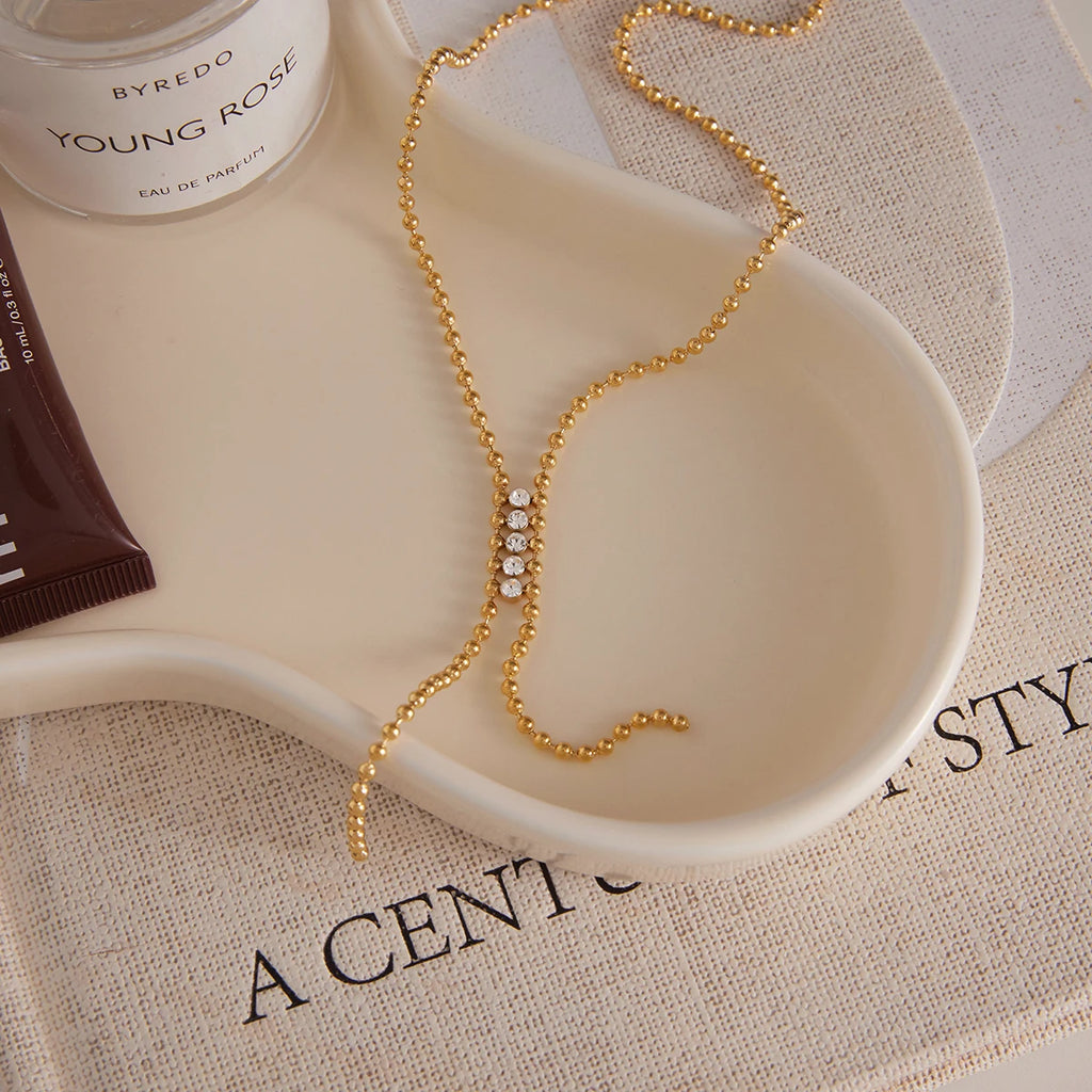 Kika Classic 18k White Rhinestone Bead Chain Y-shaped Chain Tassel Necklace