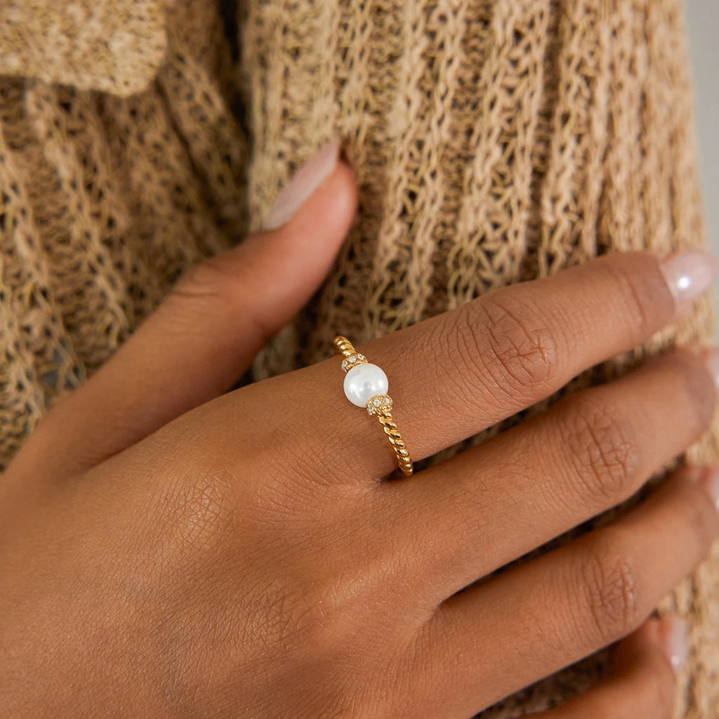 KIKA Exquisite Elegant Round Pearl Fried Dough Twists Pattern Ring Stainless Steel 316L White Rhinestone Foldable Thin Ring Women's