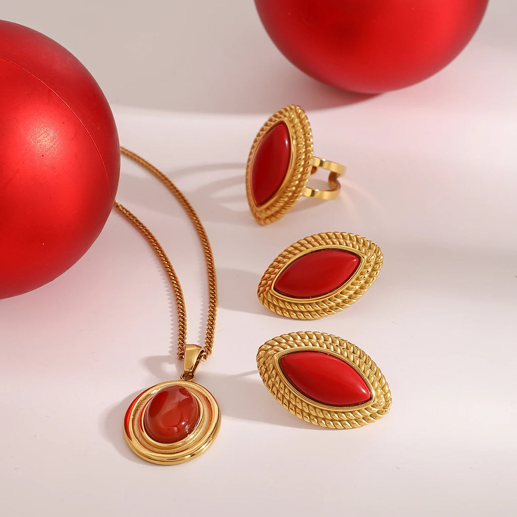 Kika New Year Christmas Red Horse Eye Earrings Devil's Eye Ring Round Pendant Necklace Women's Accessories Gift for Her