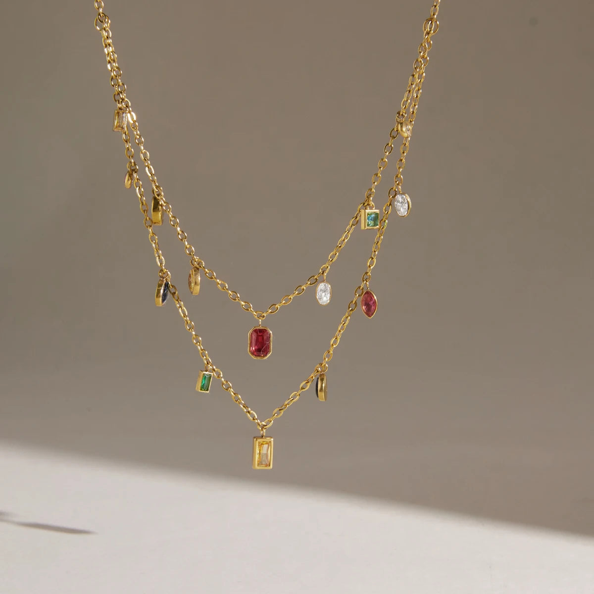 KIKA Multicolor Zircon Pendant Necklace Double Layer 18K Gold Plated Stainless Steel 316L