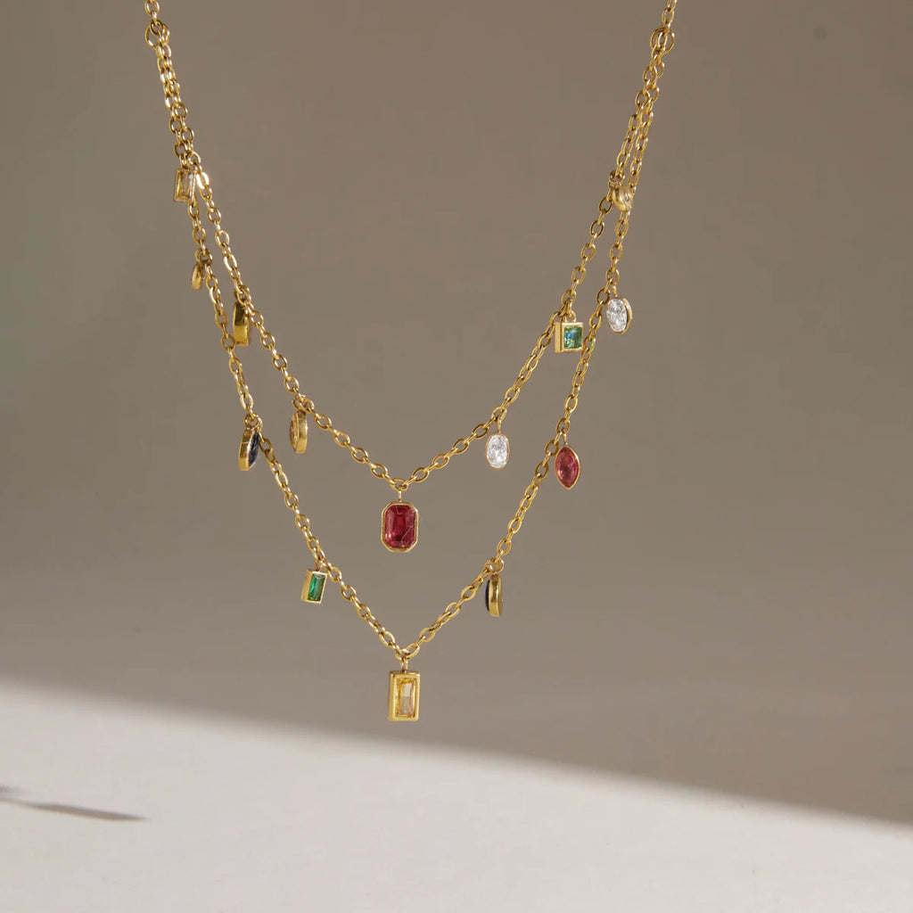KIKA Multicolor Zircon Pendant Necklace Double Layer 18K Gold Plated Stainless Steel 316L