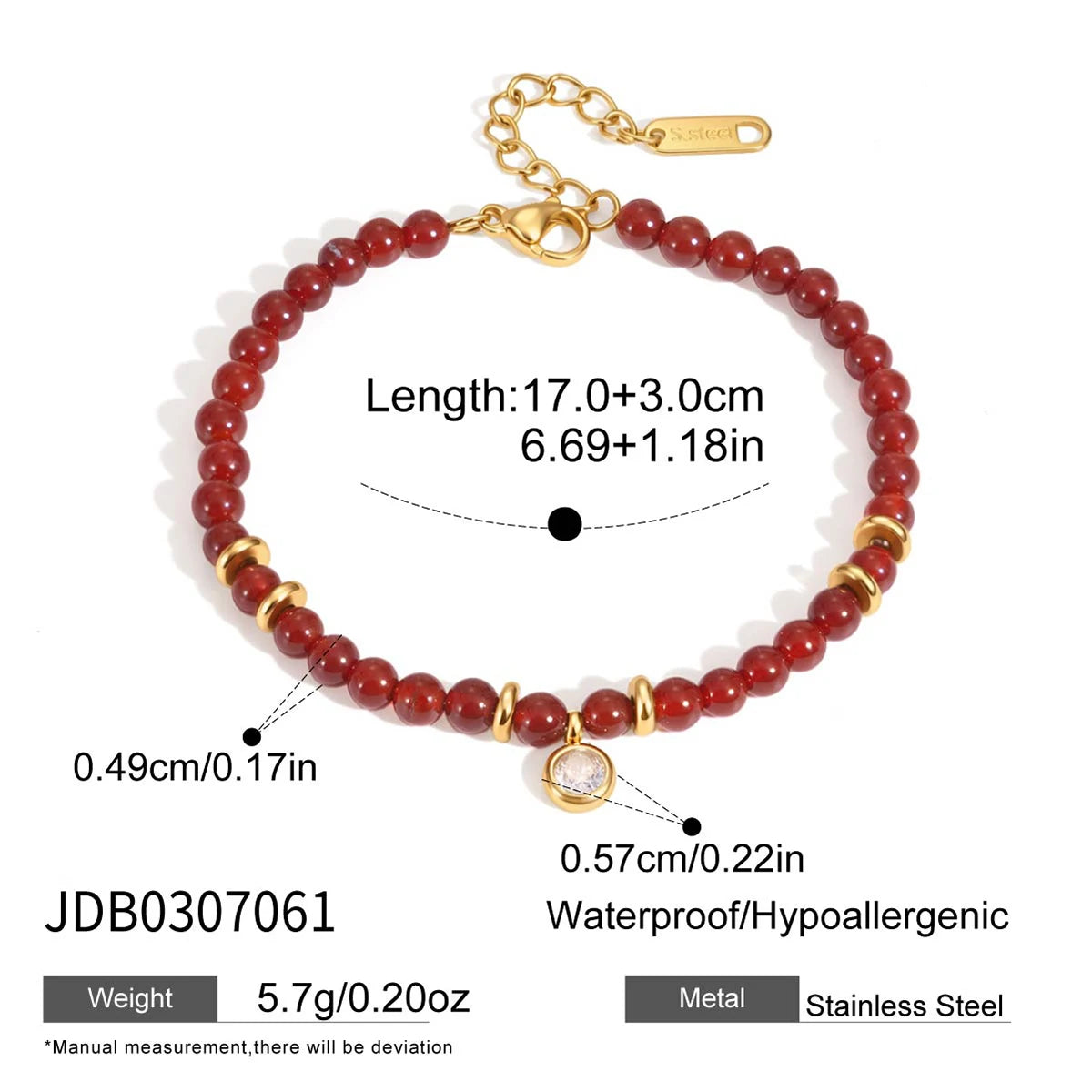 KIKA  Red Agate Stone Imitation Pearl Beaded Bracelet  18K Gold Plated Stainless Steel 316L