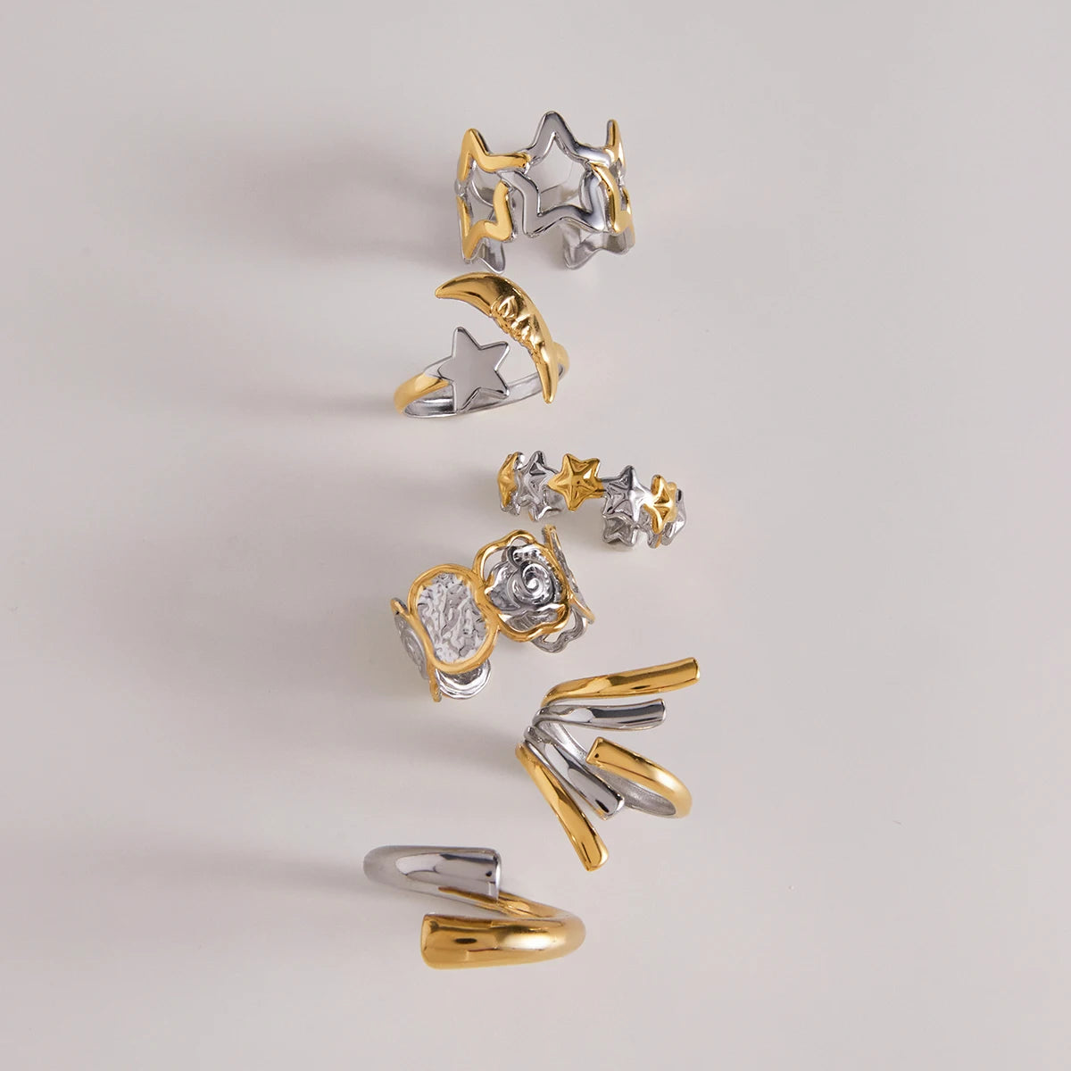 KIKA Minimalist Stainless Steel 3216L Two tone Hollow Flower Ring Stackable Texture Ring