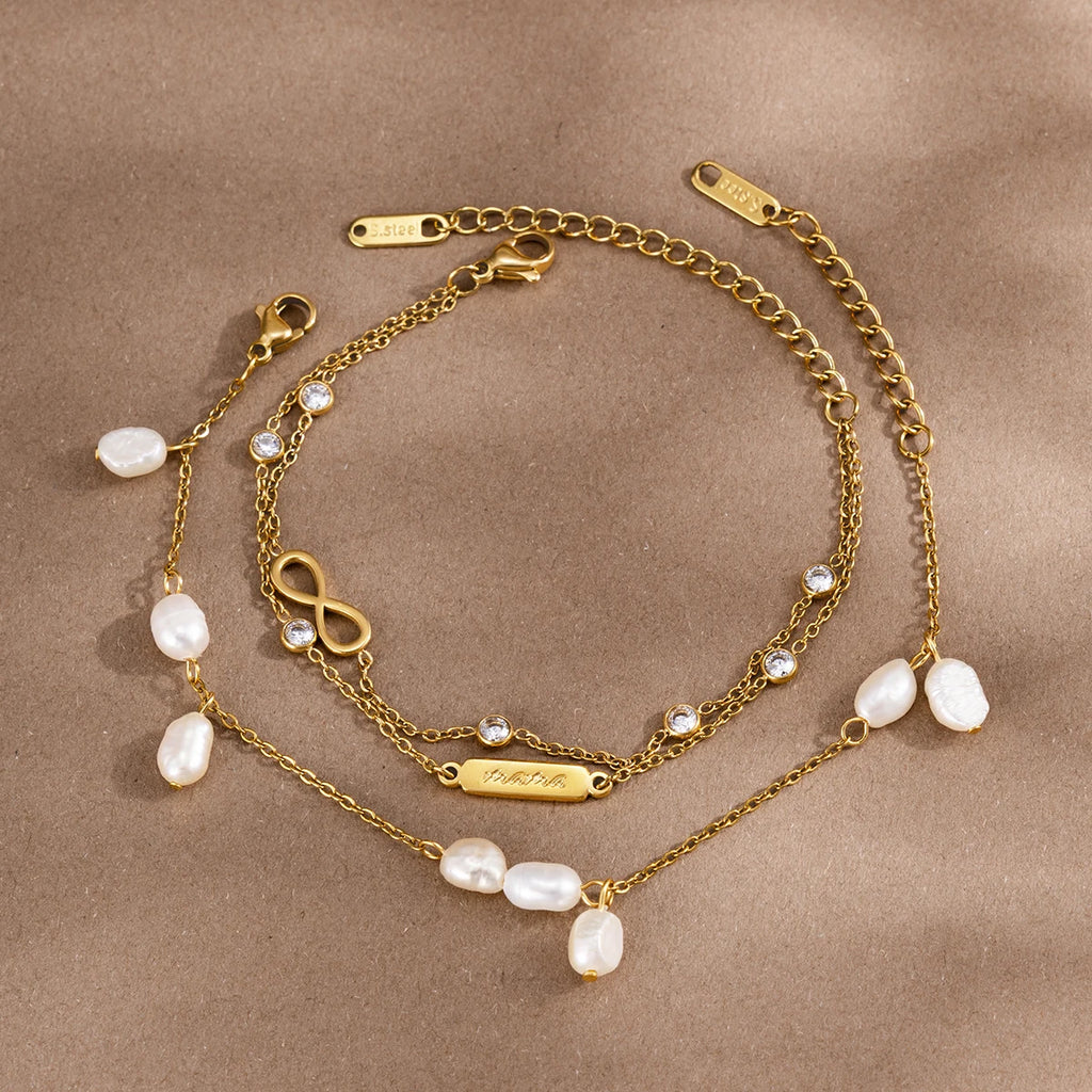 Kika Delicate White Round Zircon Infinite Symbol Mama Mother'S Day Double-Layer Bracelet With Freshwater Pearls