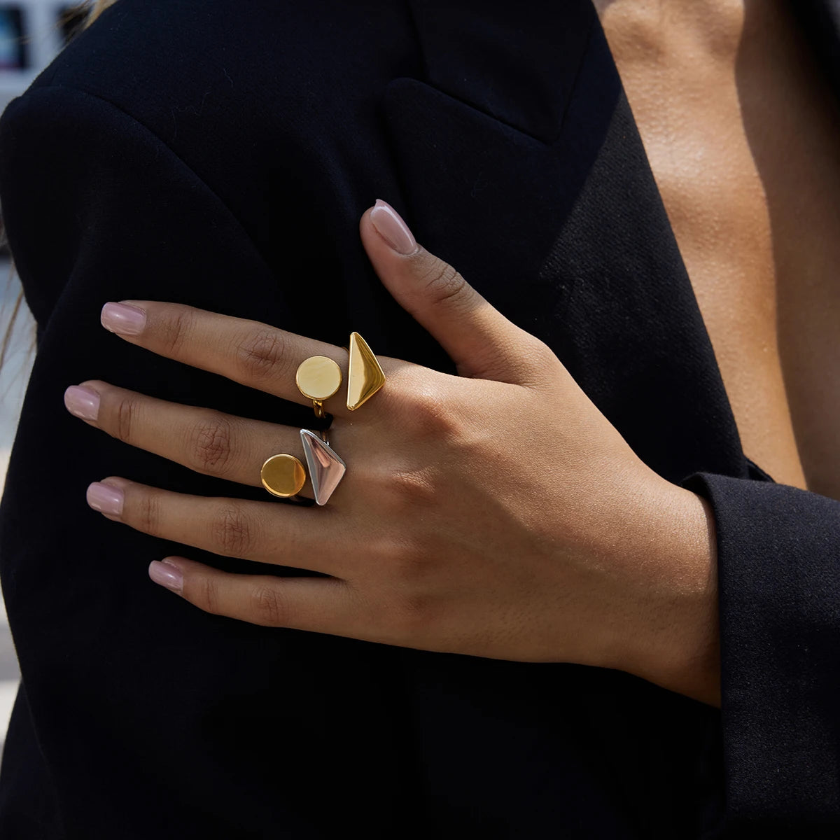 KIKA Minimalist Classic 18K Gold Color PVD Plated Stainless Steel 316L Geometric Pattern Asymmetric Ring Waterproof
