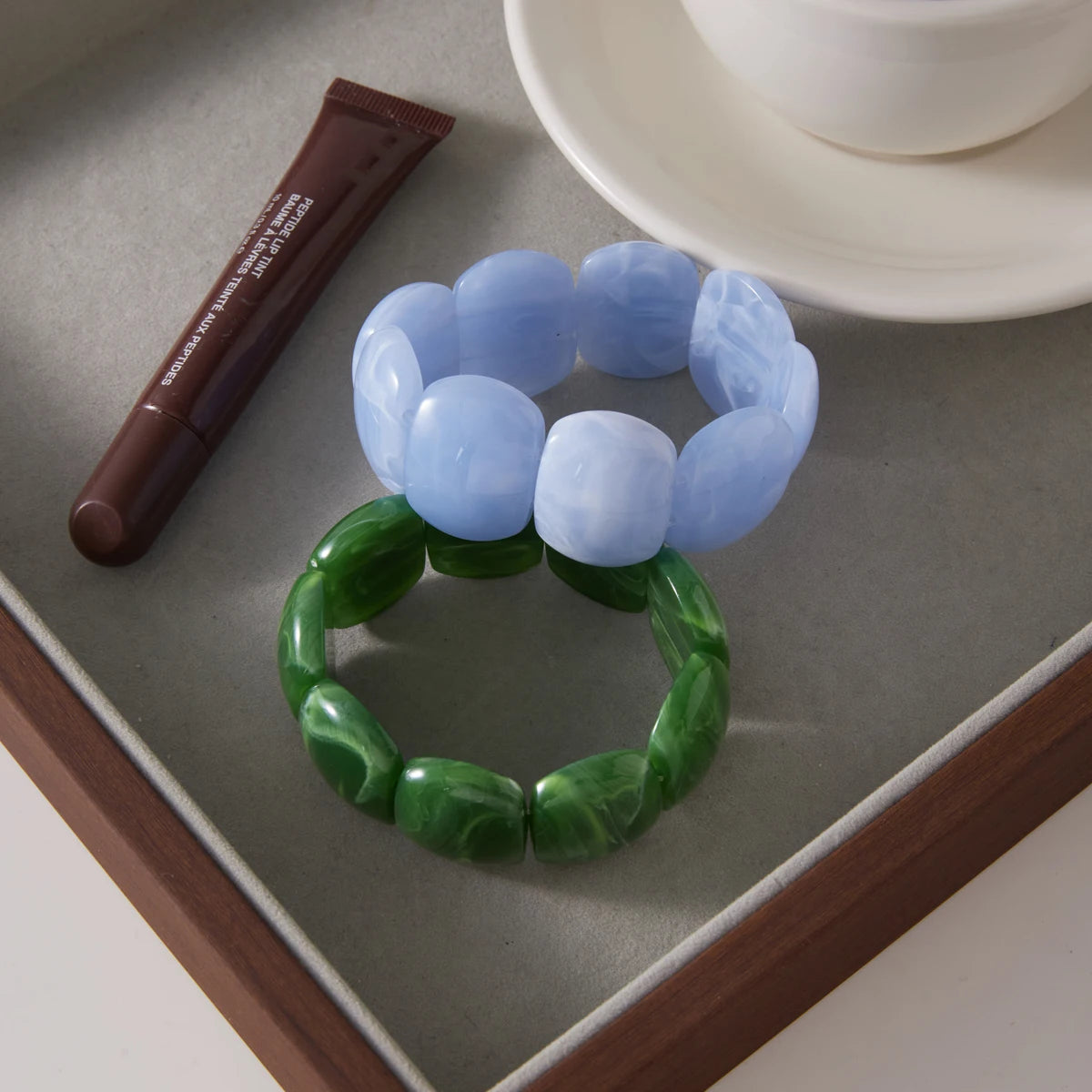 KIKA Vintage Blue Green Resin Wide Bangles Adjustable Elastic Bangles Simple