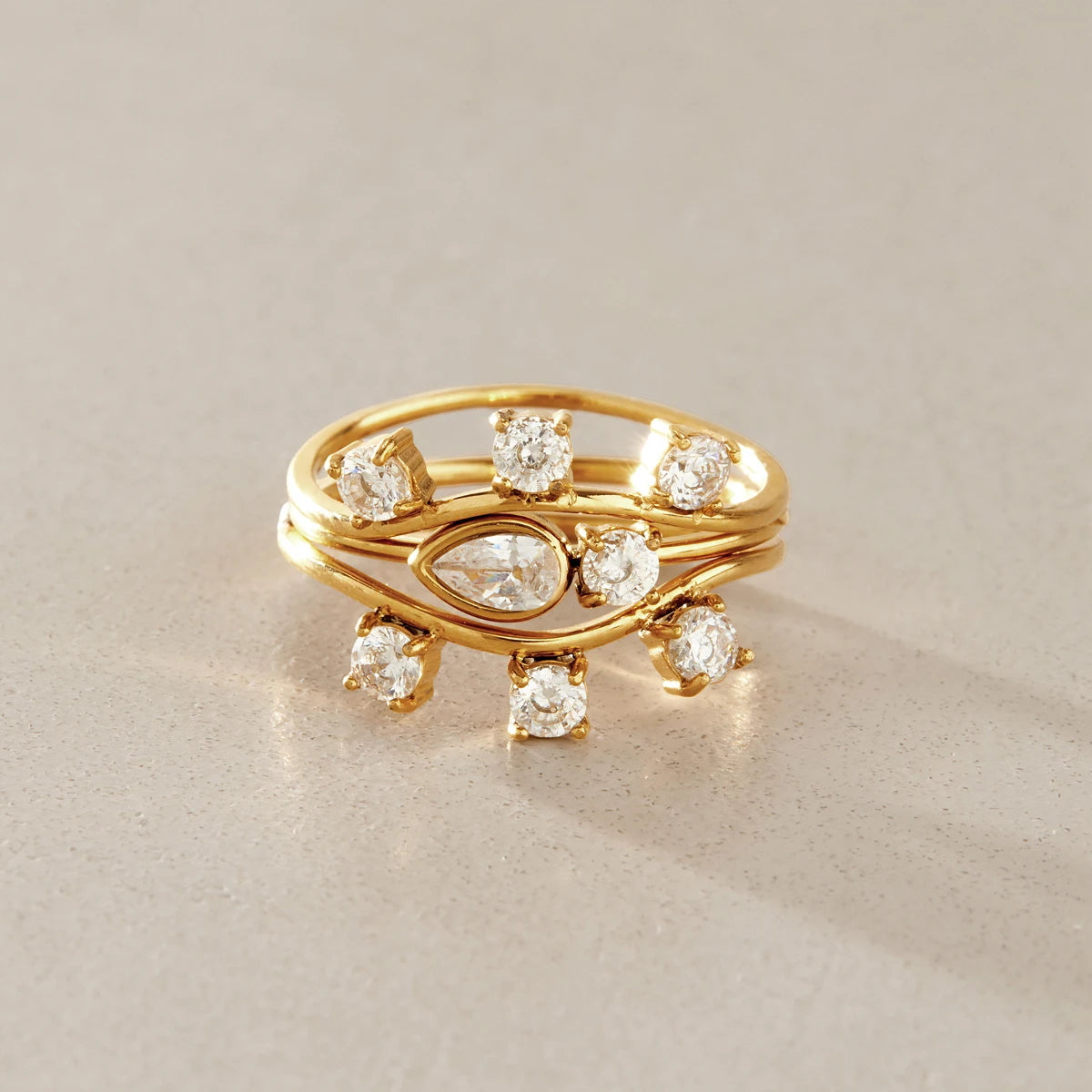 KIKA 3 Pcs/Set Stackable Geometric Zircon Rings For Women Minimalist 18K Gold PVD Plated Stainless Steel 316L