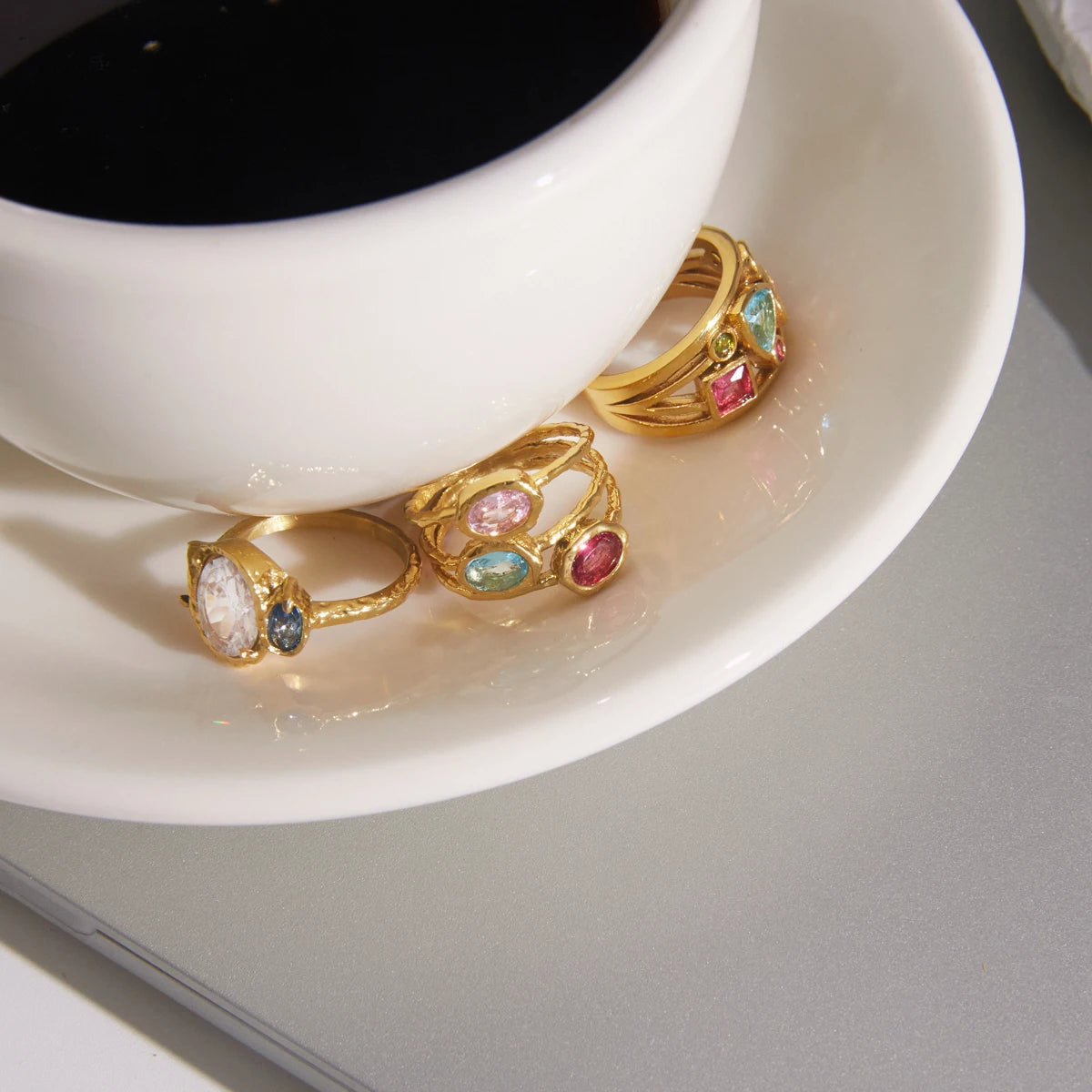 KIKA Multicolor Geometric Zircon Rings  PVD Plated Stainless Steel 316L