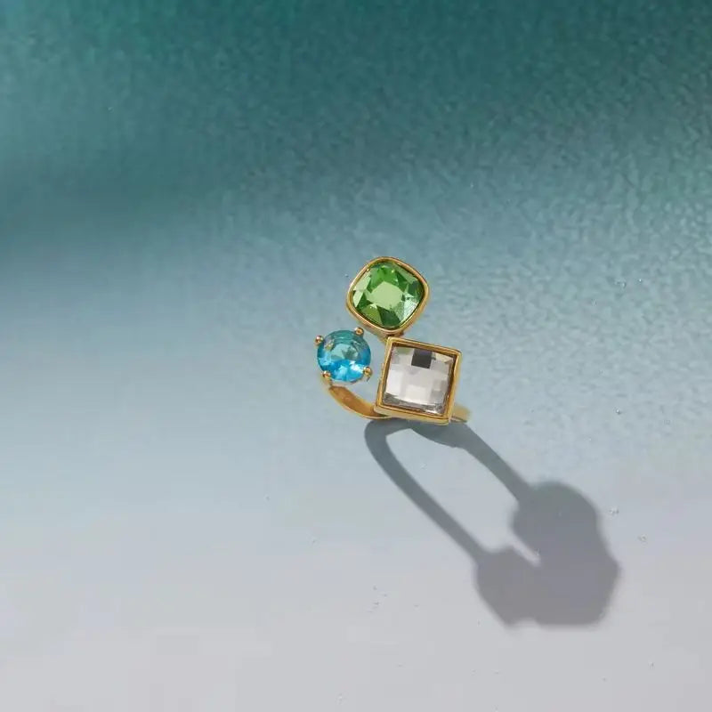 KIKA Delicate Square Yellow Blue White Spliced Zircons Open Ring PVD Plated Stainless Steel 316L