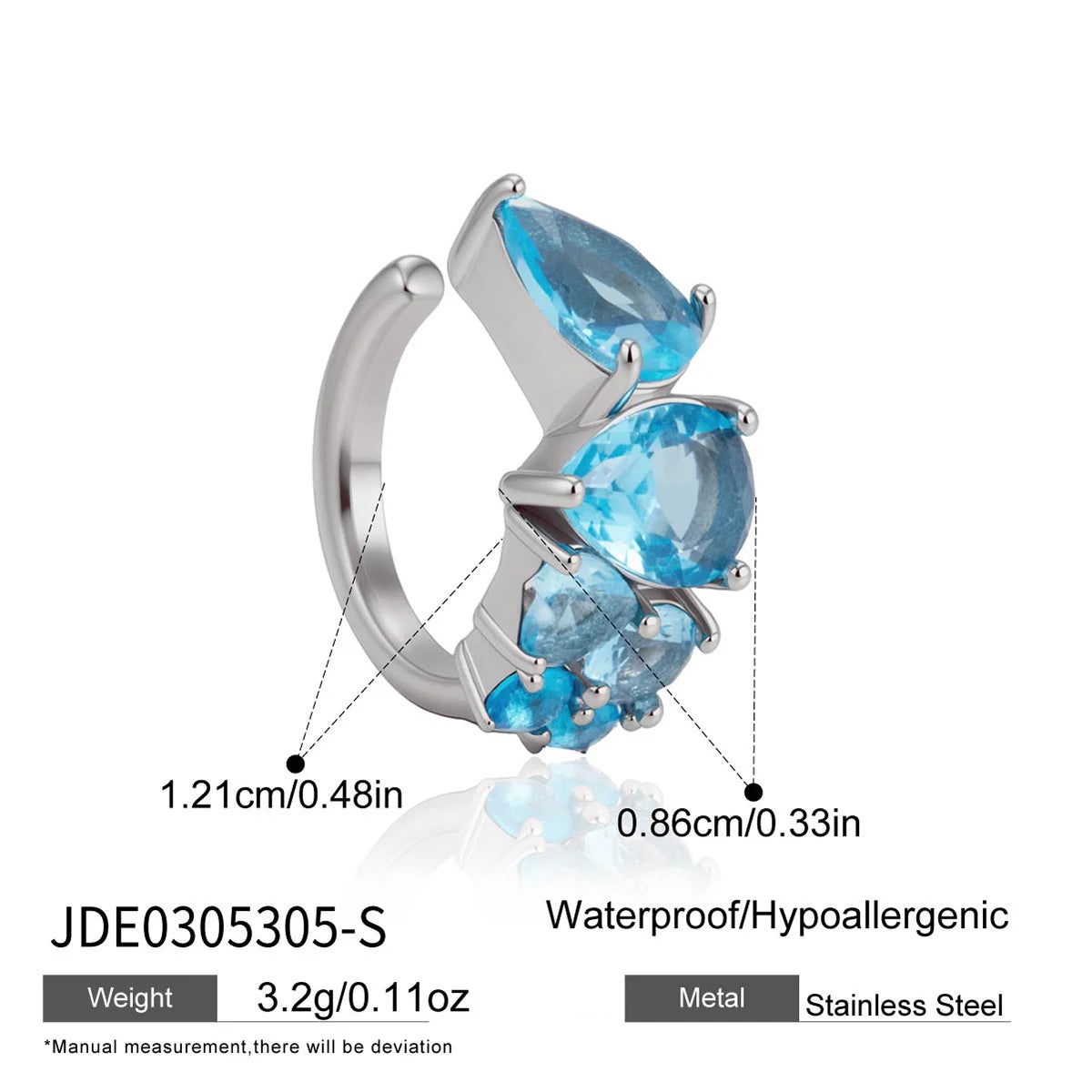 KIKA 1 PC Blue White Zircon Non-piercing Ear Clips  Gold PVD Plated Stainless Steel 316L