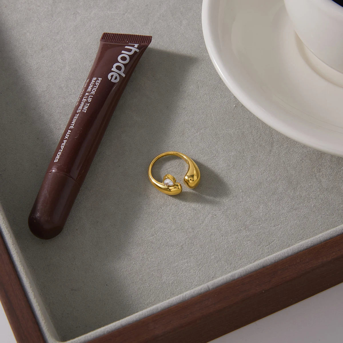 KIKA Delicate Heart Shaped White Zircon Open Ring  PVD Gold Plated Stainless Steel 316L