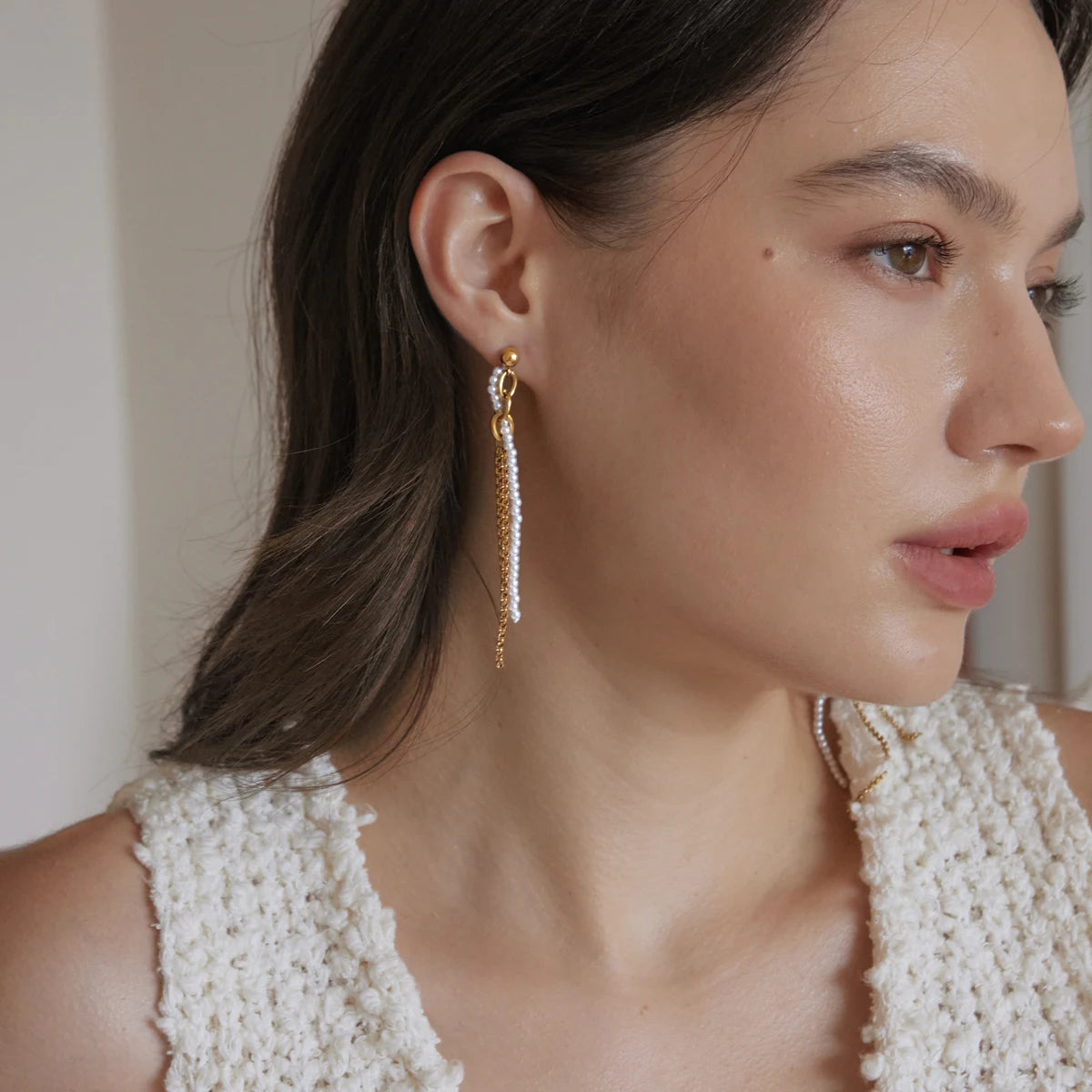 KIKA Asymmetric Imitation Pearl Earrings For Women 18K Gold Plated Stainless Steel L316L