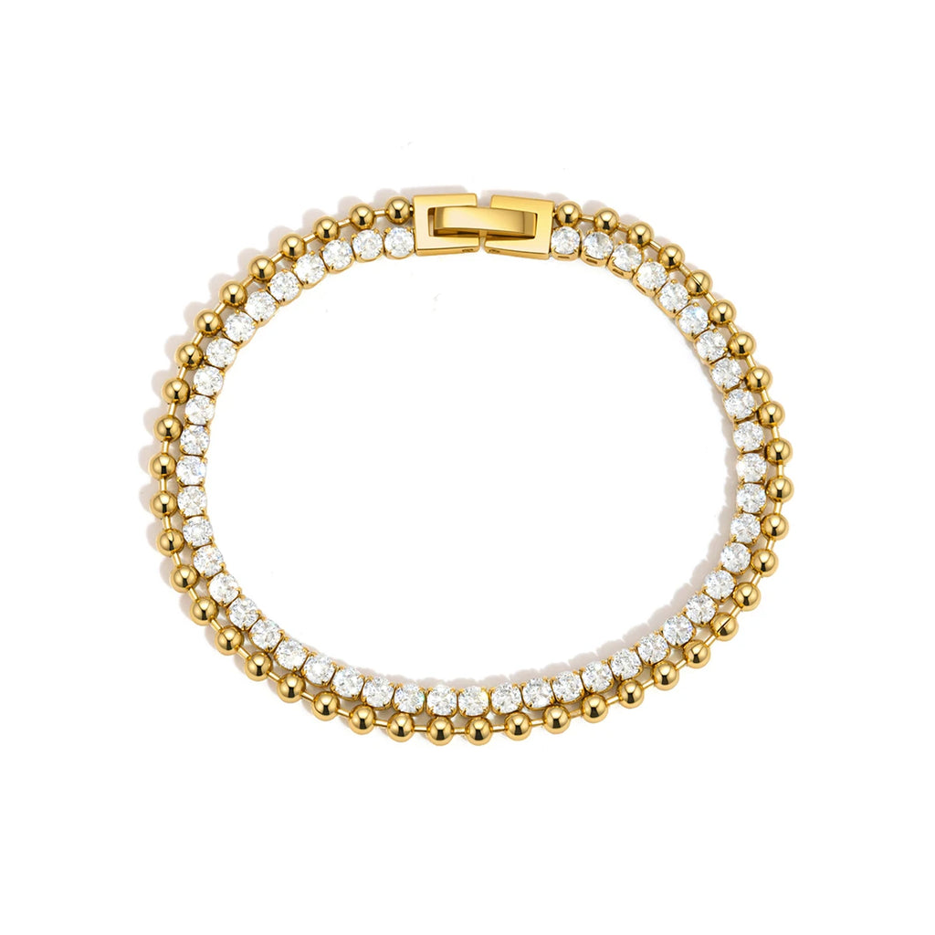 Kika Delicate White Zircon Chain With Gold Color Bead Chain Double-Layer Bracelet