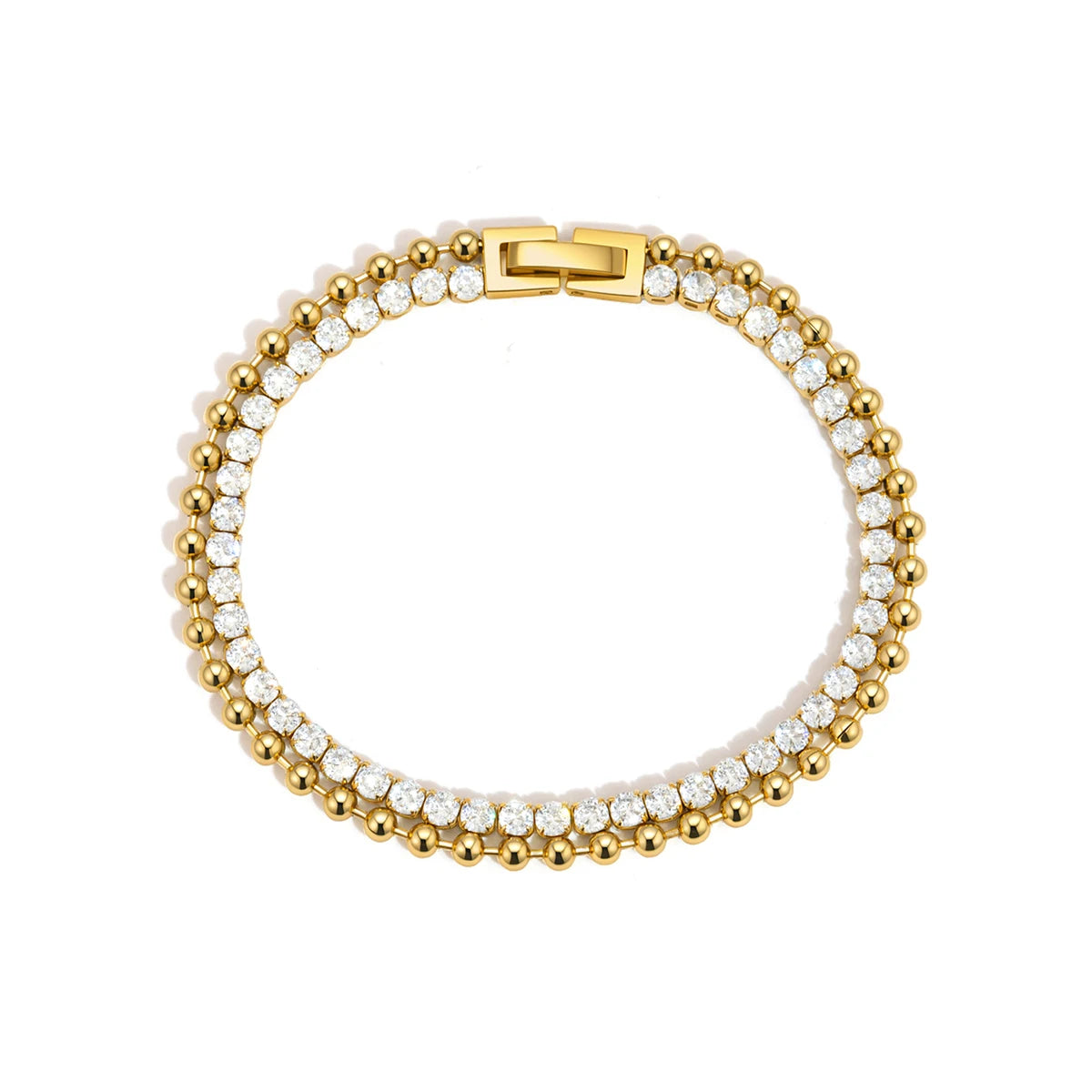 Kika Delicate White Zircon Chain With Gold Color Bead Chain Double-Layer Bracelet