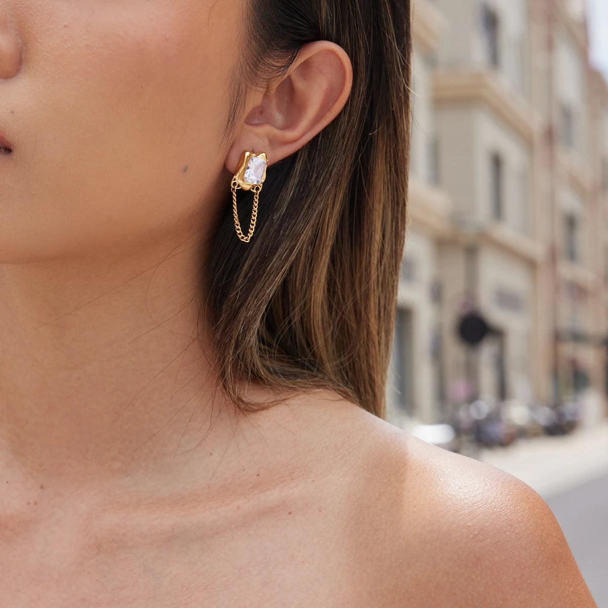 Kika Delicate Zircon Stud Earrings 18K Gold PVD Plated Stainless Steel Chain Tassel
