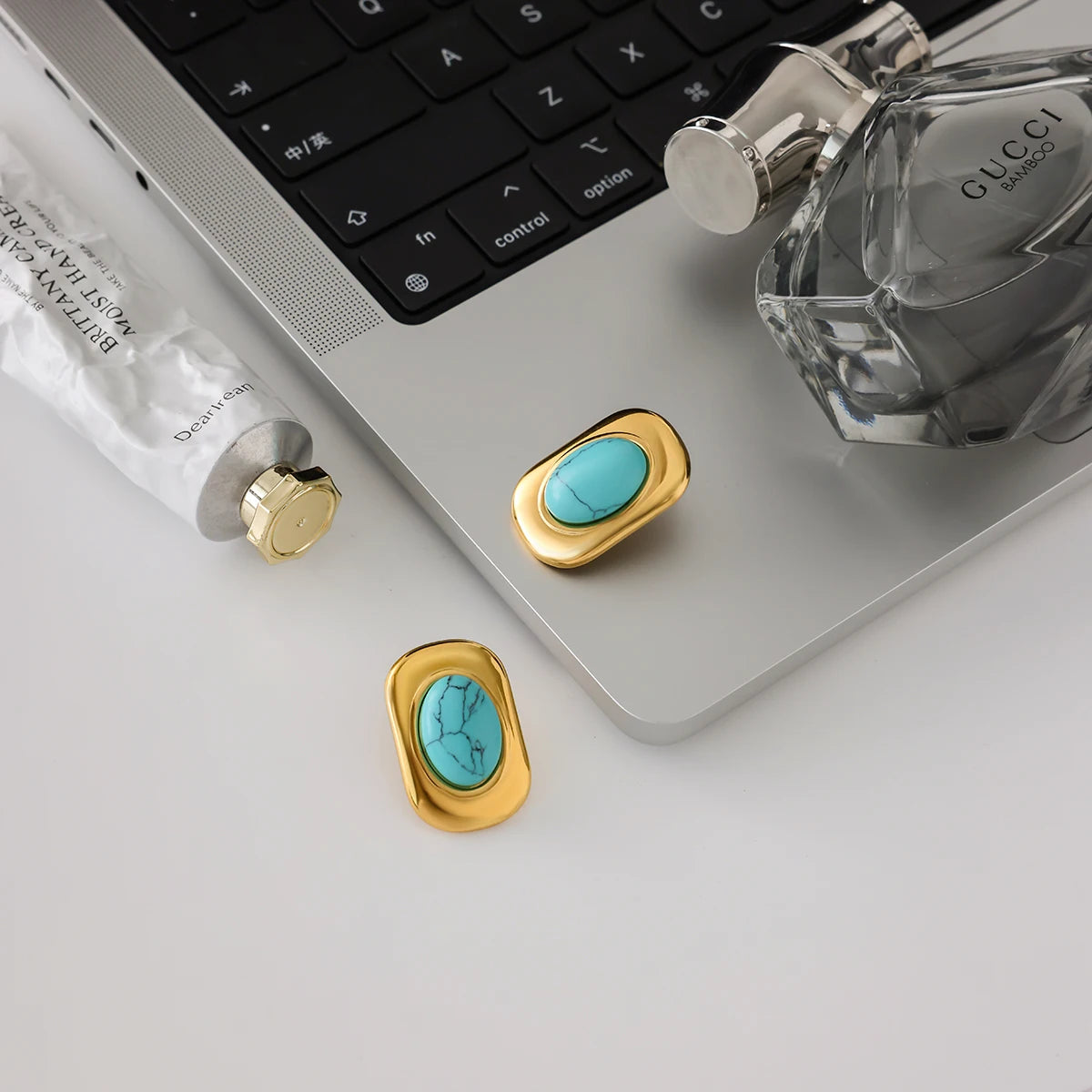 KIKA Vintage PVD Plated Stainless Steel Oval Turquoise Ear Studs Exaggerated Oversized Autumn And Winter Earrings