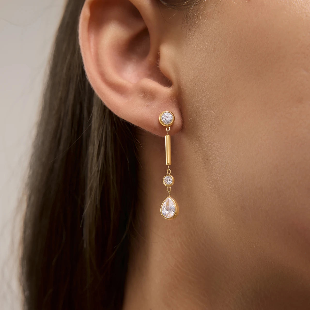KIKA Elegant Geometric Zircon Long Drop Earrings 18K Gold Plated Stainless Steel 316L