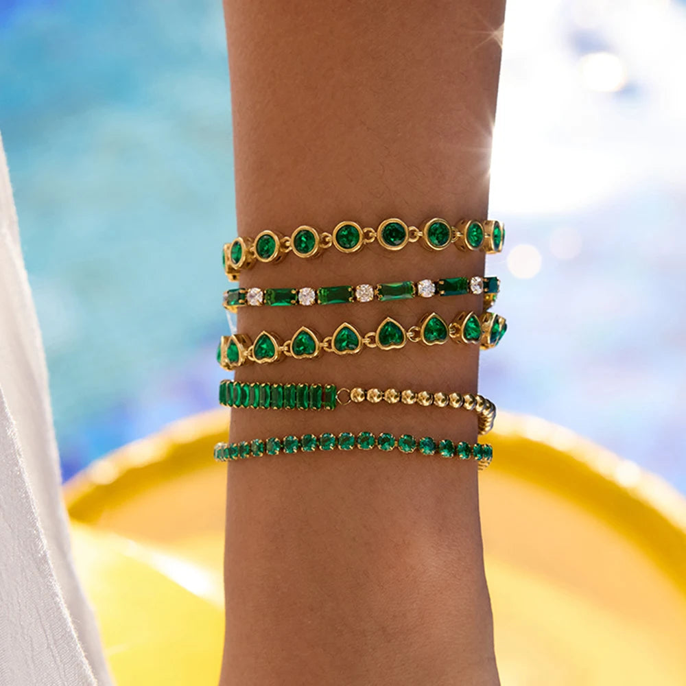 Kika Fashion Trend 18K Gold Color Plated Stainless Steel Rectangular Green Zirconia Chain Bracelet