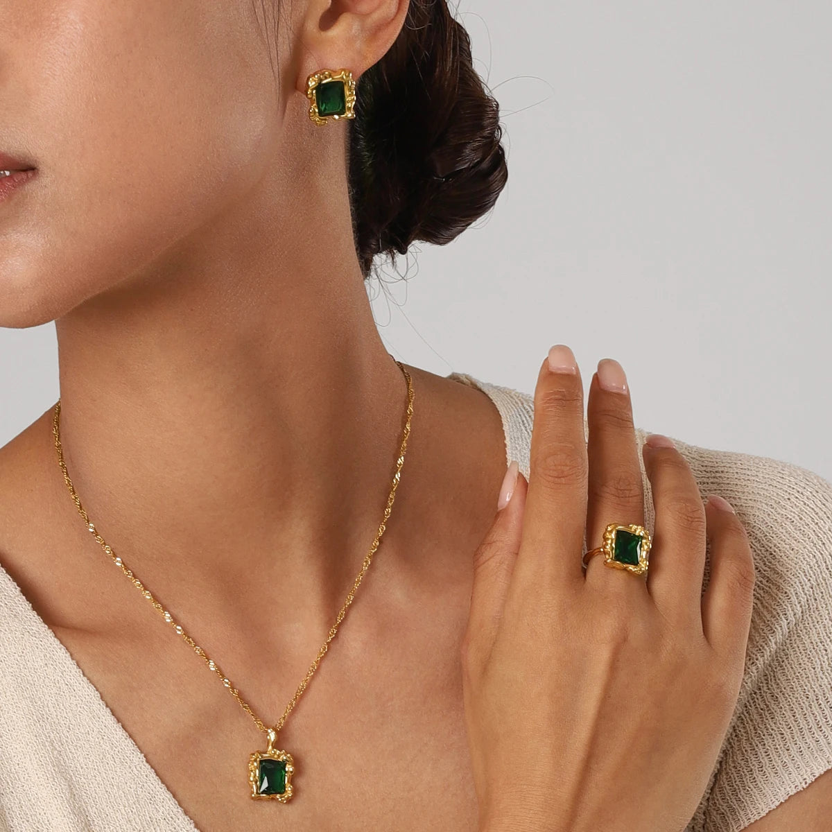 Kika Retro 18K Gold Color Stainless Steel Green Zircon Geometric Earrings