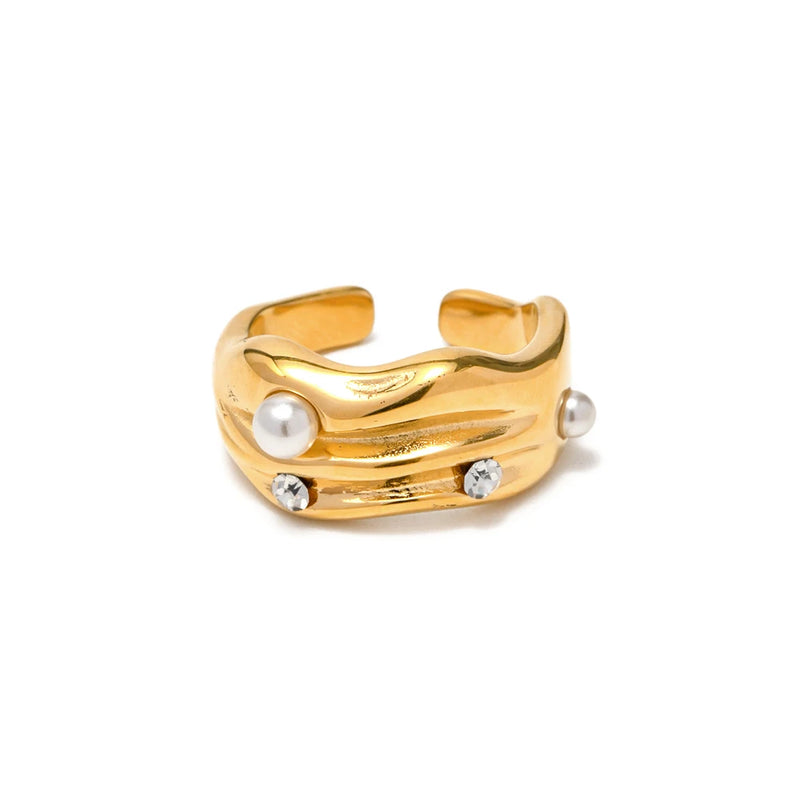 KIKA Shell Pearl Stainless Steel Opening Ring Tarnish Free Texture Exquisite Delicate Finger Charm Fashion Gold Color Jewelry