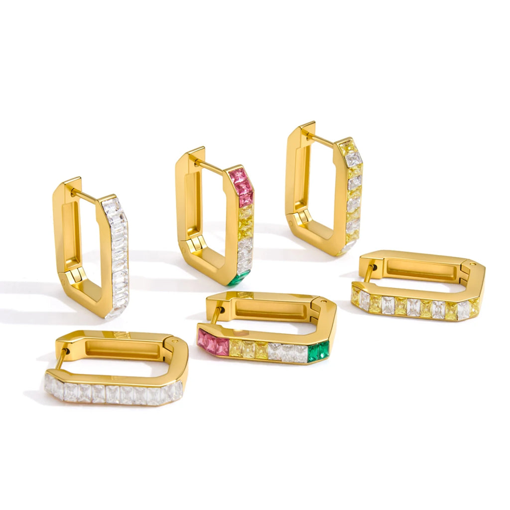 KIKA Delicate Colored Zircon U-Shaped Hoop Earrings PVD Plated Stainless Steel 316L