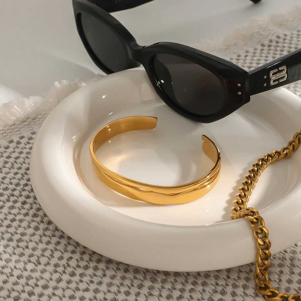 KIKA Minimalist 2Pcs Wave Opening Bracelet 18K Gold Color Plated Stainless Steel Stacked Bracelet Women's Jewelry
