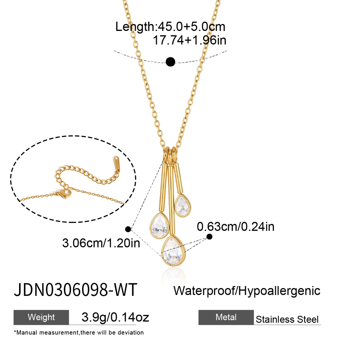 KIKA Water Drop Zircon Pendant Necklace PVD Plated Stainless Steel 316L