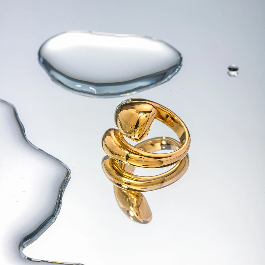 Kika 18k Gold Plated Stainless Steel Water Drop Glossy Open Cross Ring Metal Texture Waterproof Daily Stylish Golden Jewelry
