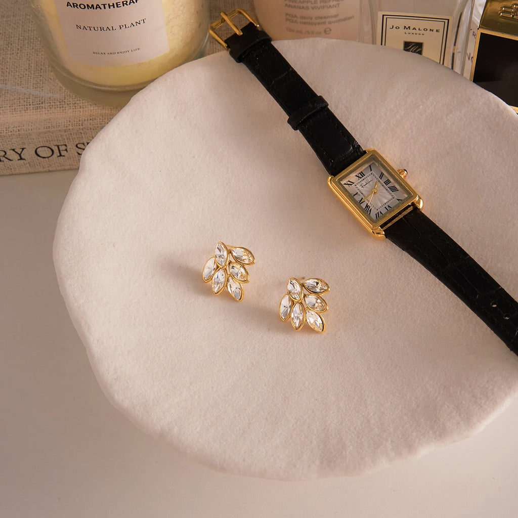 Kika White Rhinestone Leaf Earrings