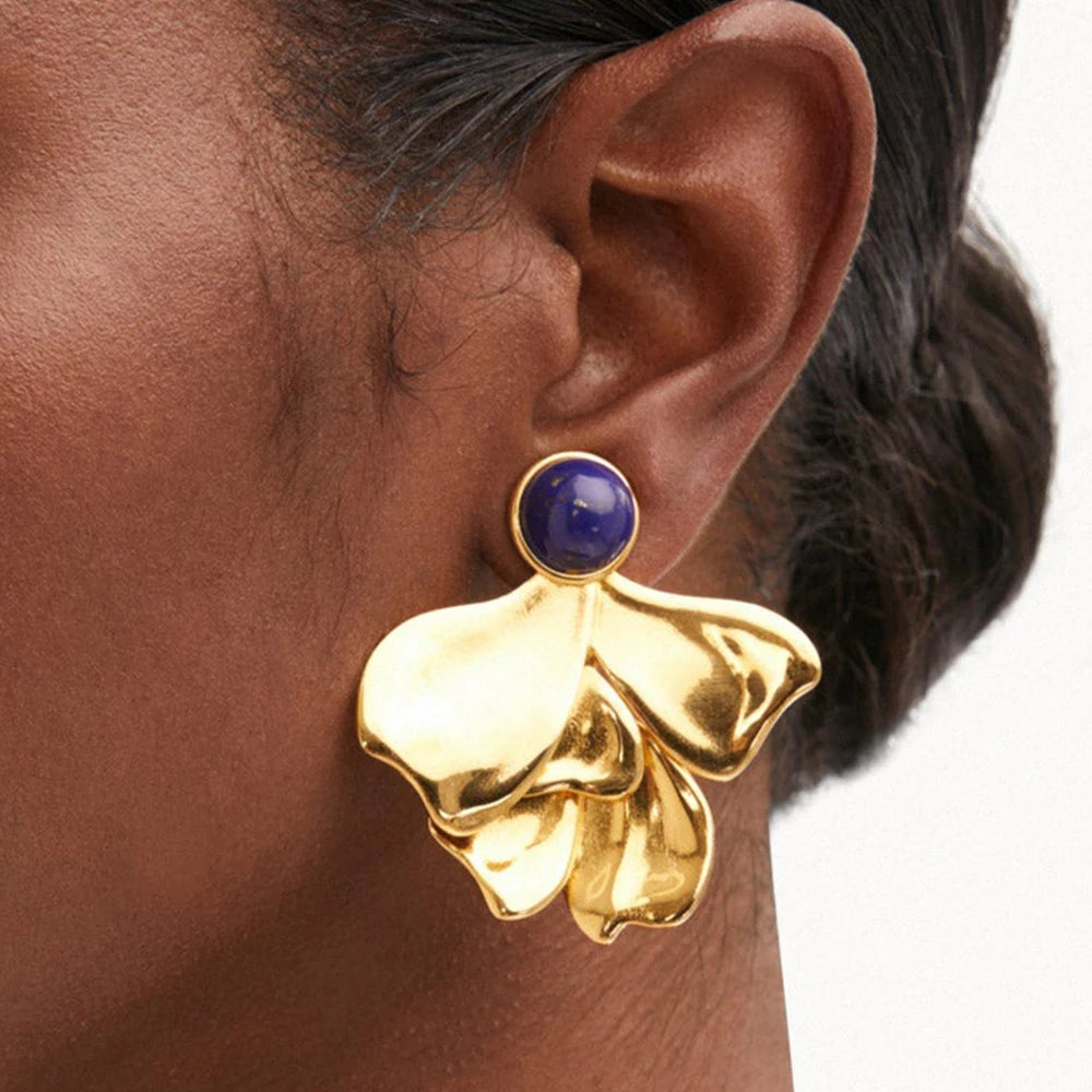 Kika Vintage Turquoise Irregular Fan Shaped Ear Studs 18K Gold Color Plated Stainless Steel