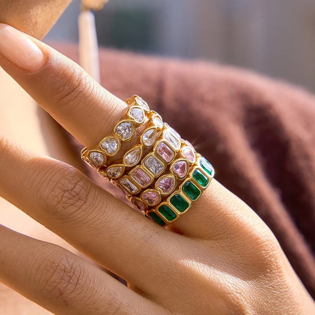 Kika Sparkling Pink Green Zircon Stacked Ring