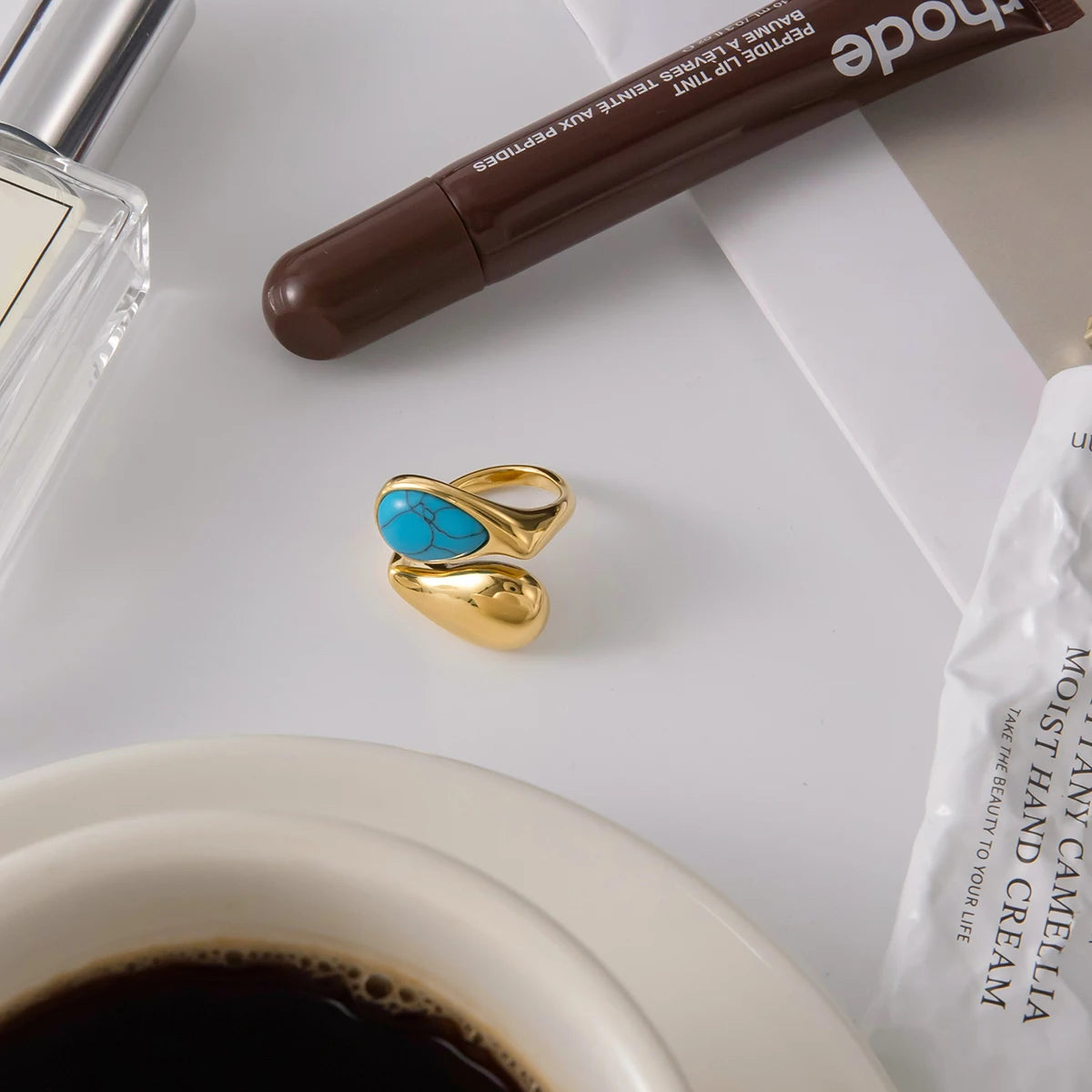 KIKA Vintage  18K Gold Color PVD Plated Blue Turquoise Asymmetric Open Rings Waterproof Stainless Steel 316L