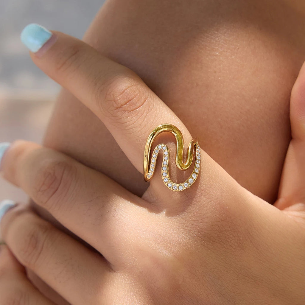KIKA Classic Zircon Wave Shape Hollow Open Ring PVD Plated Stainless Steel 316L