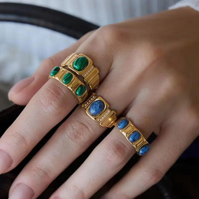 KIKA Lapis Lazuli Malachite Natural Stone Open Rings For Women 18K Gold PVD Plated Stainless Steel Rings Fashion Jewelry Gift