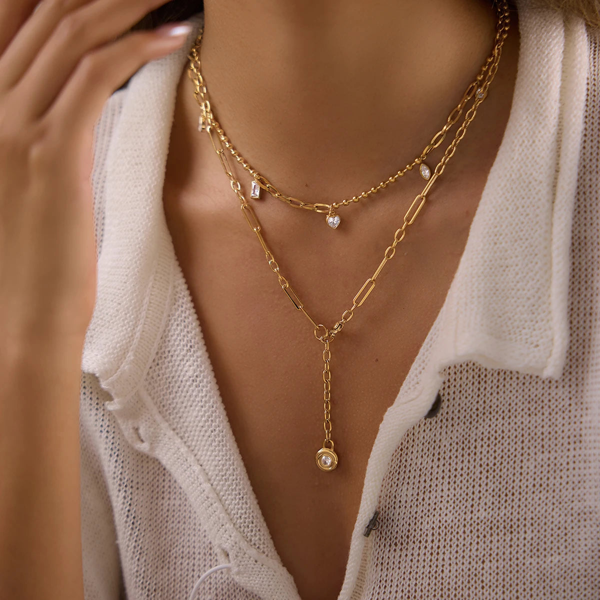 Kika Round Zircon Lock Pendant Y Shape Chain Necklace