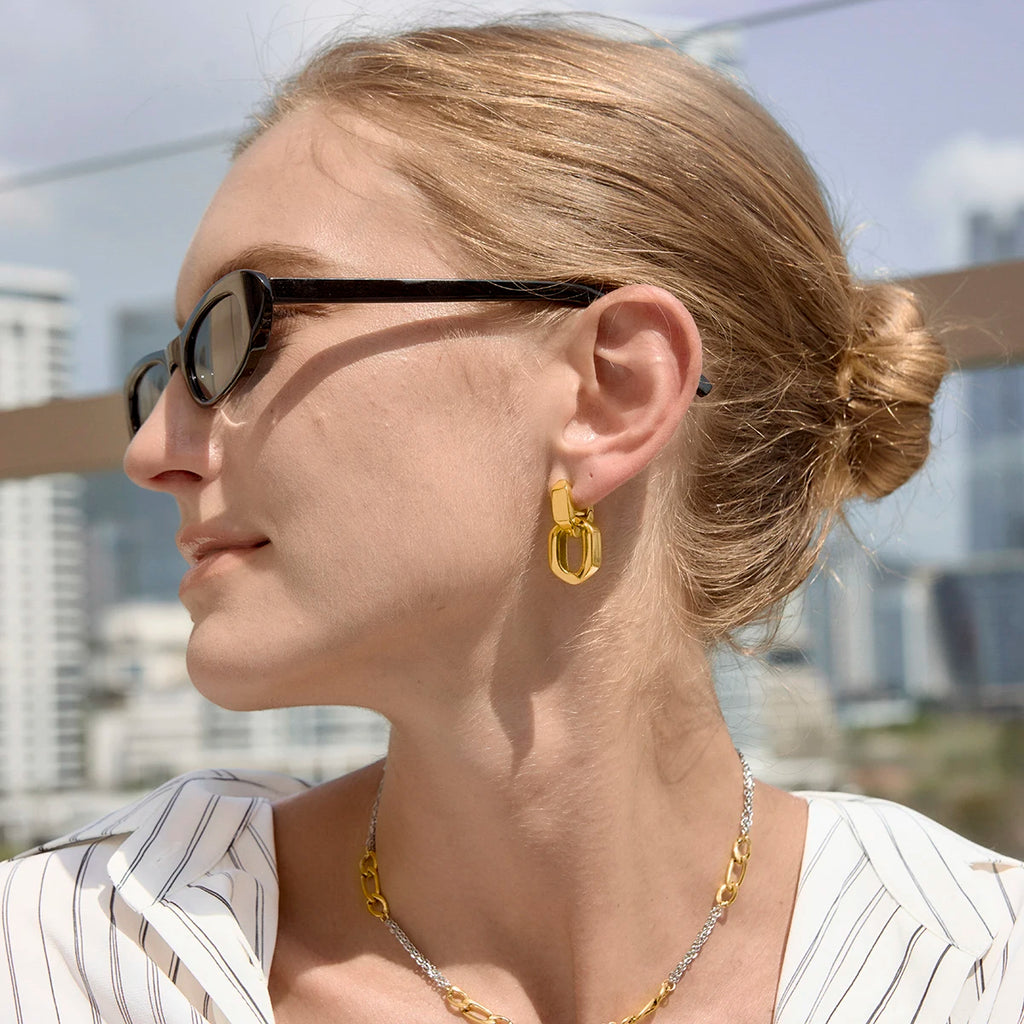 Kika  Delicate Blocked Smooth Geometric Double Ring Pendant Earrings