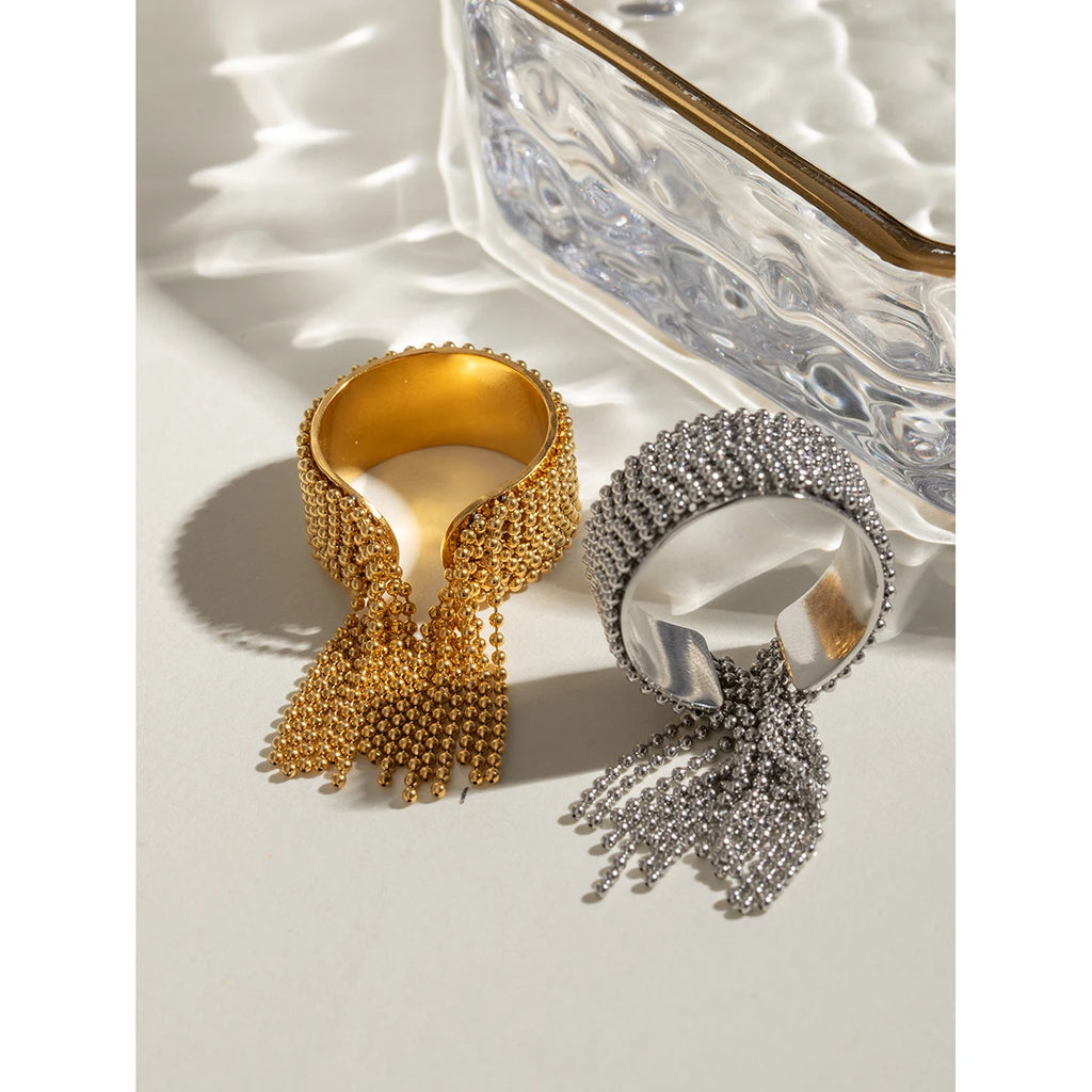 Kika 316L Statement Stainless Steel Chain Tassel Finger Ring Adjustable 18K PVD Plated High Quality Charm Stylish Golden Jewel