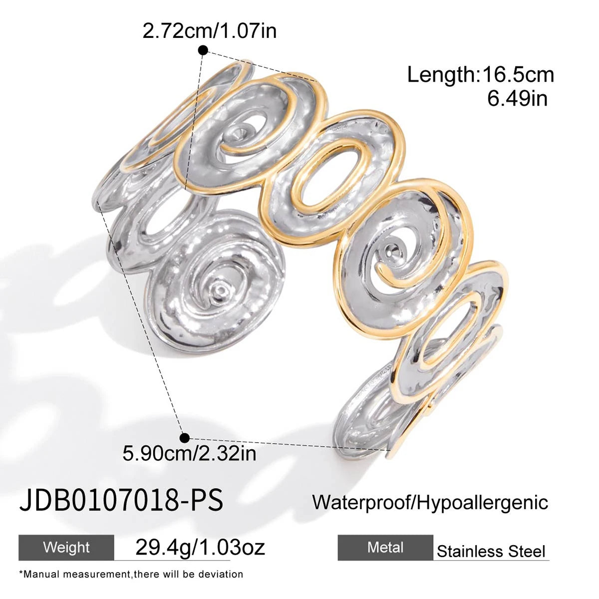KIKA Unique Stainless Steel 316L Metal Wide Cuff Open Bracelet Bangle  PVD Plated Waterproof