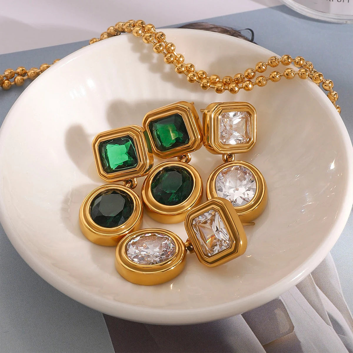 Retro Green Color Zircon Geometric Earrings