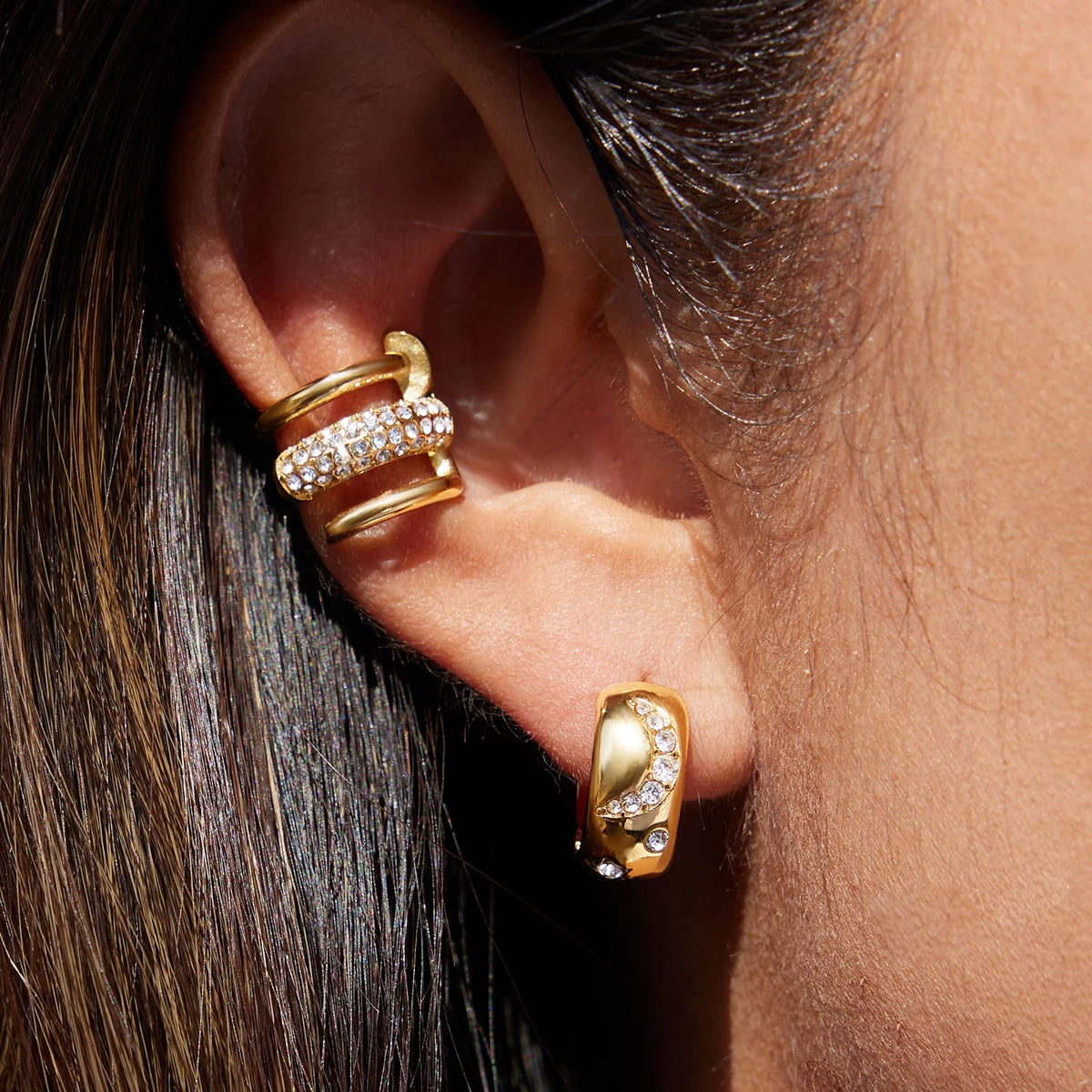 KIKA Delicate Three Layer Ear Clip With White Rhinestone Earrings  PVD  Plated Stainless Steel 316L