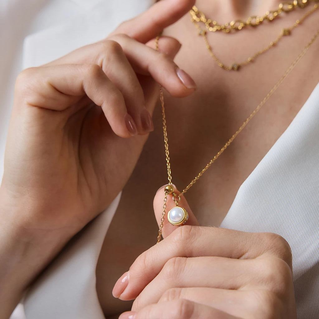 KIKA Geometric Zircon Pendant Necklace For Women Adjustable 70cm Long Chain 18K Gold PVD Plated Stainless Steel 316L
