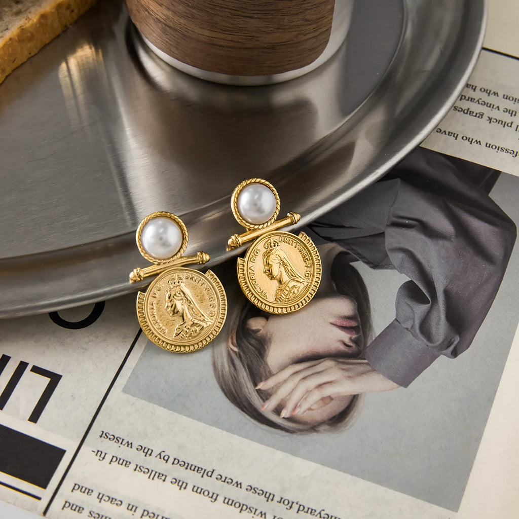 KIKA Classic 18K Gold Color PVD  Plated Inlay Resin Pearl Coin Earring Hypoallergenic Waterproof Stainless Steel 316L