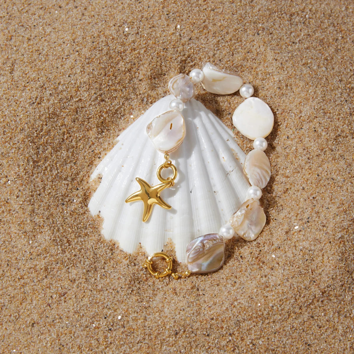 Kika Starfish Pendant Glass Pearl Handmade Tooth Shell Chain Sailor Buckle Bracelets