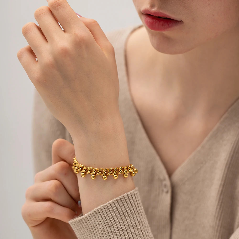 Kika INS 18K Gold Plated Plated Stainless Steel Jewelry Width Cuban Chain Bead Tassel Bracelet