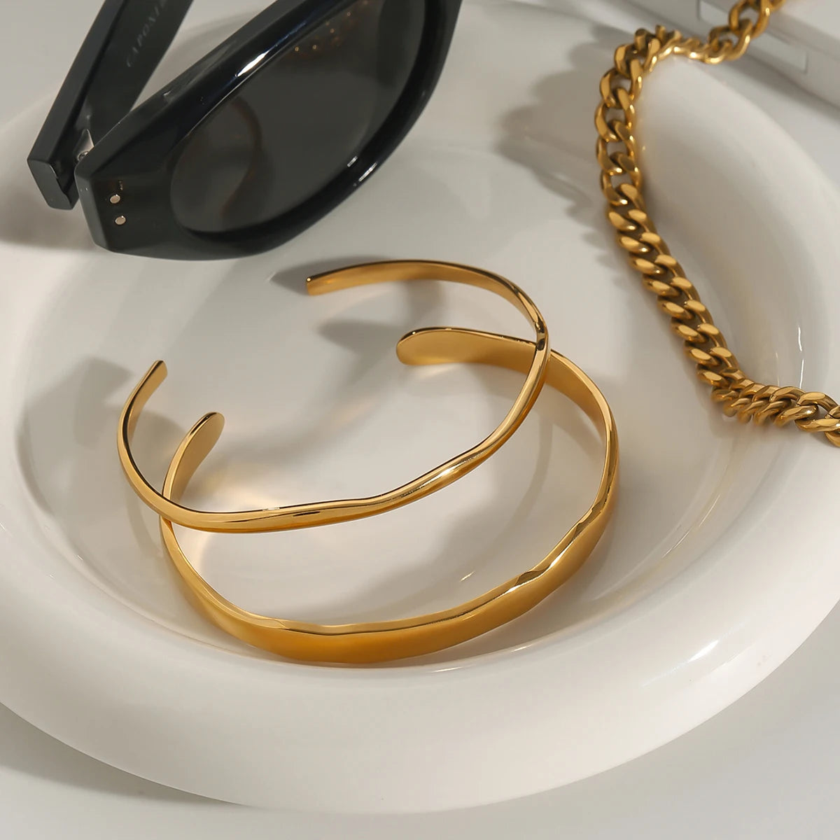 KIKA Minimalist 2Pcs Wave Opening Bracelet 18K Gold Color Plated Stainless Steel Stacked Bracelet Women's Jewelry