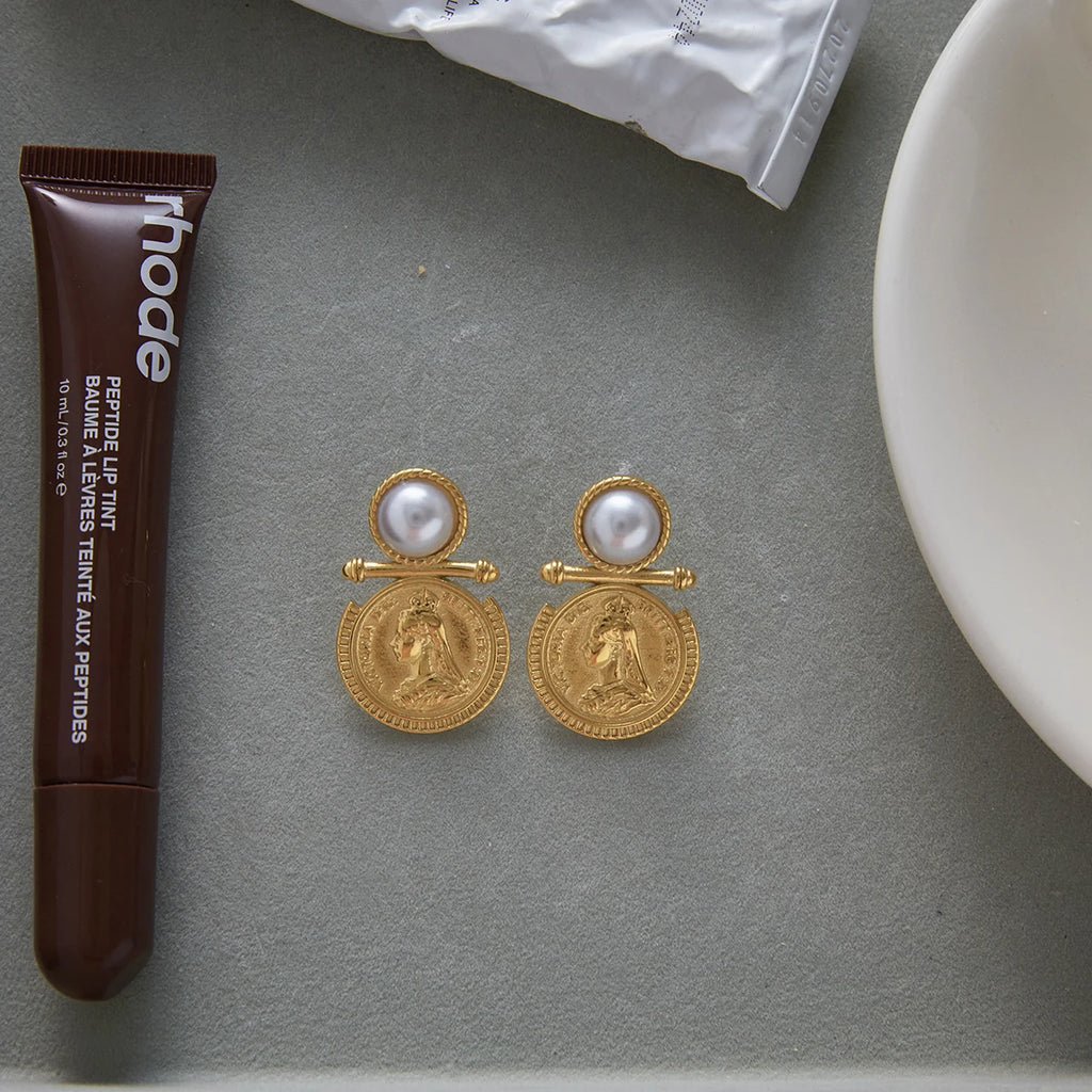 KIKA Classic 18K Gold Color PVD  Plated Inlay Resin Pearl Coin Earring Hypoallergenic Waterproof Stainless Steel 316L